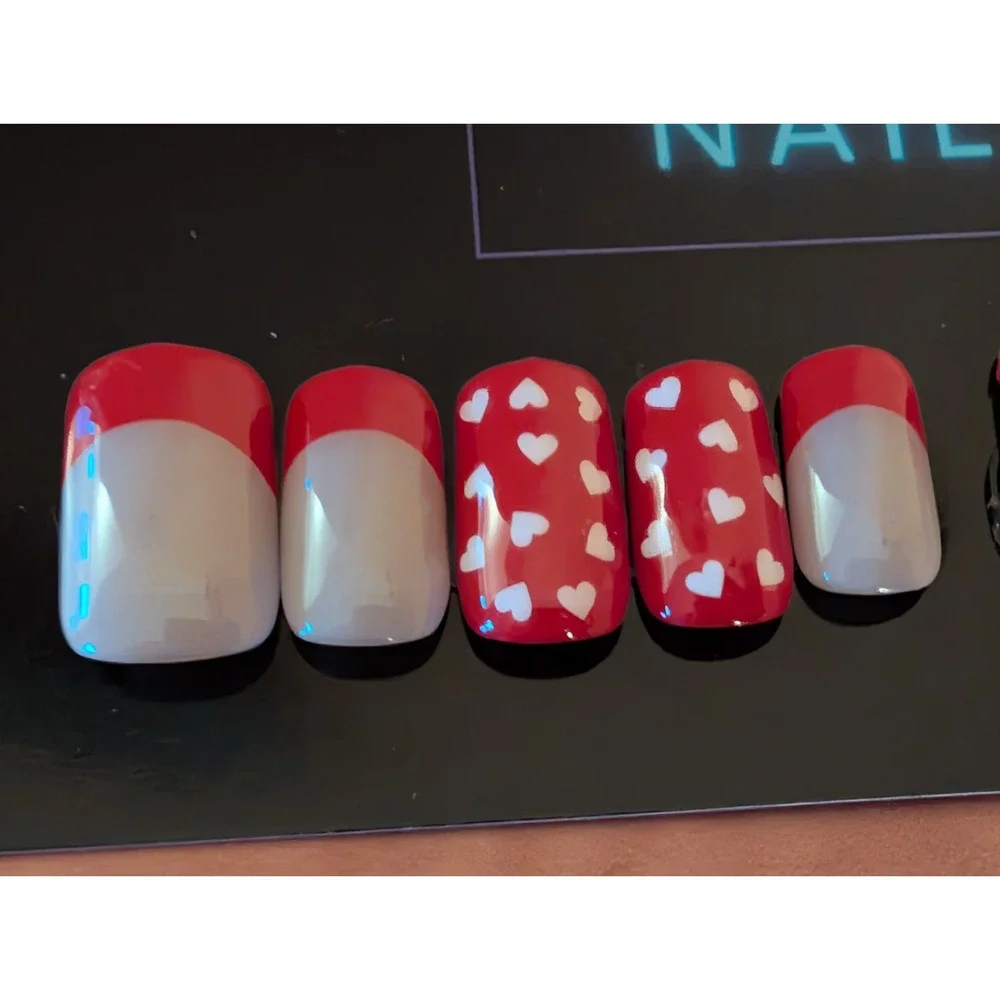 Press On Nails French Tip with Red Hearts, Hand Panted Gel, Valentine's Day